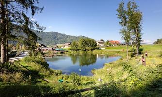 A tranquil pond surrounded by meadows and trees. In the background, some houses and mountains can be seen.
