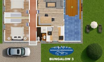 A floor plan of a bungalow with two bedrooms, a living area, and a kitchen. Outside, seating areas and a parking space in front of the building are marked.