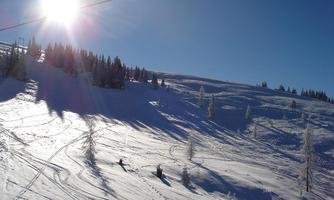 A snow-covered landscape with magnificent pine trees and a clear blue sky. The sun shines brightly over the winter landscape.