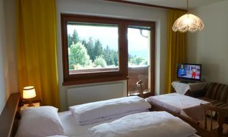 A cozy room with a double bed, a television, and a beautiful view of nature. Yellow curtains and a floor lamp create an inviting atmosphere.