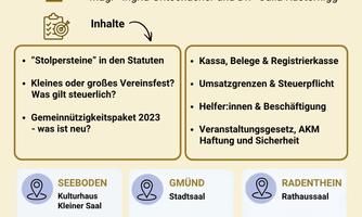 Ein Informationsblatt über ein Praxis-Update für gemeinnützige Vereine. Es enthält Details zu Vorträgen, Terminen und Themen in Seeboden, Gmünd und Radenthein.