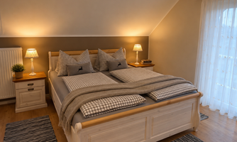 A cozy bedroom with a large double bed and soft pillows. Warm light from the bedside lamps creates an inviting atmosphere.