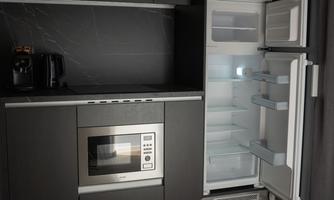 A modern kitchen with a built-in oven and a refrigerator. The refrigerator is open and provides empty storage space.