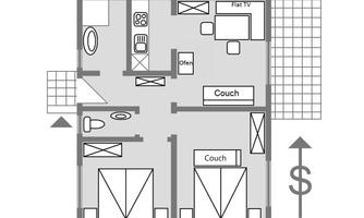 A simple floor plan drawing of an apartment with two bedrooms, a living room, and a kitchen. The rooms are clearly arranged and contain basic furniture.
