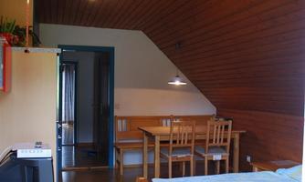 A cozy room with a wood-paneled ceiling and a double bed. There is a dining area with a table and chairs as well as a small desk.
