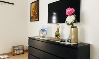 A modern living room with a black TV and a dresser. Decorations are placed on the table, including a vase with flowers and some brochures.