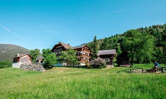 A picturesque house in nature, surrounded by green meadows and trees. The sky is clear and blue, creating a peaceful atmosphere.