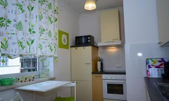 A bright and modern kitchen with a green window decoration. The room is equipped with a refrigerator, a stove, and a small table.