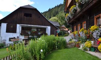 A charming farmhouse in the countryside with colorful flowers and a well-kept garden. In the background, gentle hills and a blue sky can be seen.