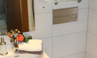 A modern bathroom with a sink and a toilet. On the shelf, there are glasses and a small plant.