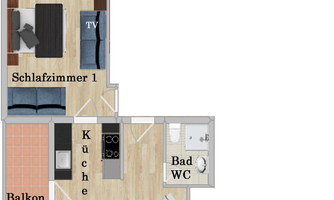 A floor plan of an apartment with two balconies, one bedroom, and a living-sleeping area. The kitchen and the bathroom are also marked.