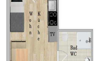 A simple floor plan representation of a small apartment. The plan shows a living and kitchen area as well as a bathroom.