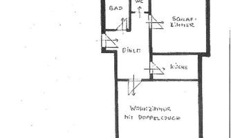 A simple apartment floor plan drawing. It shows the arrangement of rooms, including bathroom, kitchen, and balcony.