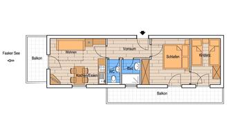 A floor plan of a property featuring living and bedrooms. The plan also shows a kitchen, a bathroom, and two balconies.