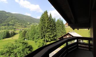 A picturesque view from a balcony of green hills and tall fir trees. In the background, gentle mountains and some wooden buildings can be seen.