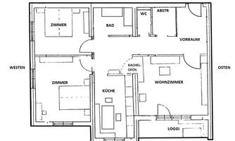 A floor plan of an apartment with various rooms like living room, bedroom, and kitchen. The cardinal directions are clearly marked.