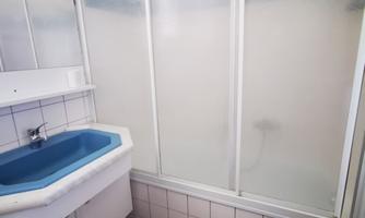 A simple bathroom with a shower enclosure and a sink. The walls are tiled and the floor is covered with tiles.