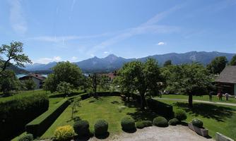 A green garden landscape with several trees and shrubs, surrounded by mountains. The sky is blue and clear, providing a beautiful view.