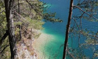 A crystal-clear lake, surrounded by trees and mountains. The water has various shades of green and the shoreline is sandy.