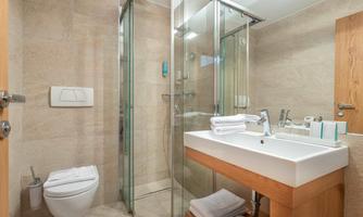 A modern bathroom with a glass shower and an elegant wooden panel. The sanitary facilities are clean and well arranged.