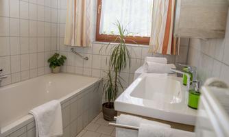 A modern bathroom with a bathtub, two sinks, and large windows. There are plants and fresh towels that create an inviting atmosphere.