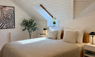 A cozy bedroom with a large bed and bright walls. There is modern lighting and a small plant on the bedside table.