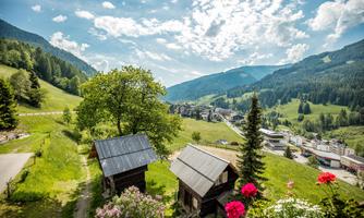 A beautiful landscape with green hills and a clear sky. In the foreground, traditional wooden houses and colorful flowers can be seen.