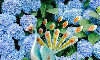 A colorful peacock stands in front of blooming hydrangeas in various shades of blue. The combination of the metallic peacock and the floral elements creates a vibrant garden atmosphere.