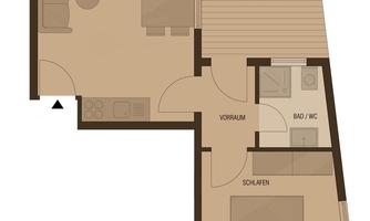 Blueprint of an apartment with an area of 33 m². It shows a living area, a terrace, a bathroom with a toilet, and a room that serves as a bedroom.