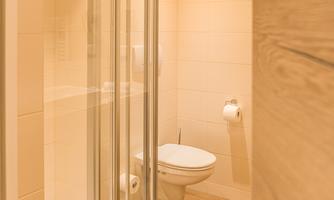 A modern bathroom with a shower cubicle and a toilet. The walls are light and the floor is made of wood.