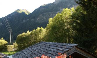 A peaceful mountain landscape with green trees and high mountains in the background. In the foreground, there is a roof with red flowers.