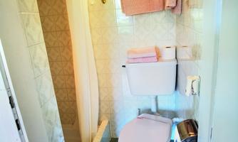 A small bathroom with a shower and a toilet. Towels hang on the wall and the floor is tiled.