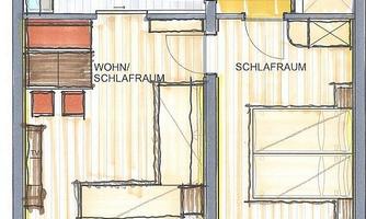 The image shows a floor plan of an apartment with an open living and sleeping area, a kitchen/wardrobe, and a bathroom. A terrace with seating is also included.