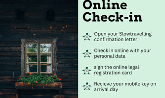 A wooden house with a window adorned with flowers. There are instructions for online check-in in a clear layout.