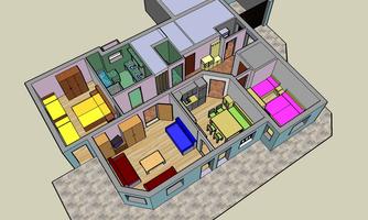 A three-dimensional floor plan of a house with several rooms. The rooms are color-coded and provide a clear overview of the layout.