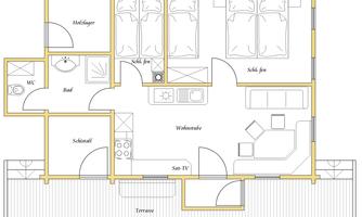 A floor plan of an apartment with two bedrooms, a bathroom, and a living area. The kitchen is open and there is a terrace.