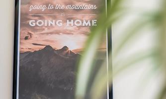 A framed picture with a mountain landscape and large text that says: "going to the mountains is GOING HOME". In the foreground, blurred plant leaves are visible.