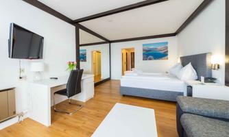 A bright and modern room with a double bed, a sofa, and a desk. A television hangs on the wall, and there is a window with a view of a beautiful landscape.