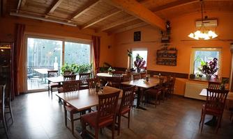A cozy restaurant with a wooden ceiling and large windows. The tables are neatly set, and there are many plants in the room.