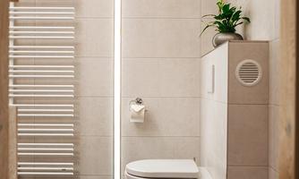 The image shows a modern bathroom with a bright tiled floor and a white toilet. On the wall, there is a towel rack as well as a small plant.