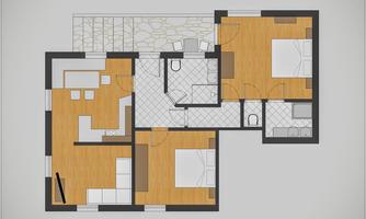 A floor plan drawing of an apartment with three rooms, two bathrooms, and an open living kitchen. The floor has a wood appearance.