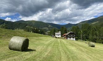 A picturesque landscape with green meadows on which hay bales lie. In the background, mountains and a cozy house are visible.
