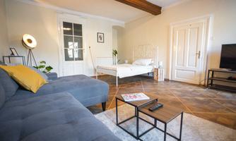 A modern living room with a gray sofa and a white bed. The room is bright and inviting, with a small table and a television.