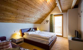 A cozy bedroom with a wooden ceiling and large windows. There is a double bed, a television, and stylish decor.