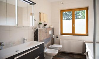 A modern bathroom with a large mirror and a bright window front. It includes a shower, a sink, and a toilet, as well as decorative plants.