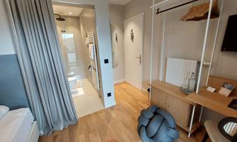 A modern room with a wooden floor and a seating area. The bathroom is separated by a glass door and is well-lit.