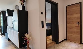 A modern-designed hallway with wooden flooring and bright walls. On the left side, there is an elegant living wall, and on the right side, a door to another room.