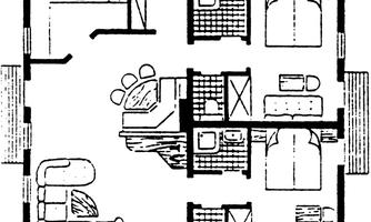 A simple floor plan drawing of a house. It shows two bedrooms, a living room, and a kitchen.