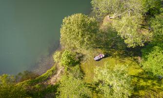 A quiet shoreline area with green grass and trees. A small boat is lying by the water.