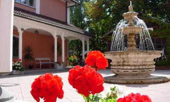 A beautiful courtyard with a fountain and red geraniums in the foreground. In the background, you can see a cozy house with a porch.